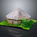 Whimsical Cartoon Scene With Stone Hut Dome Tile Roof Green Grass And Plants