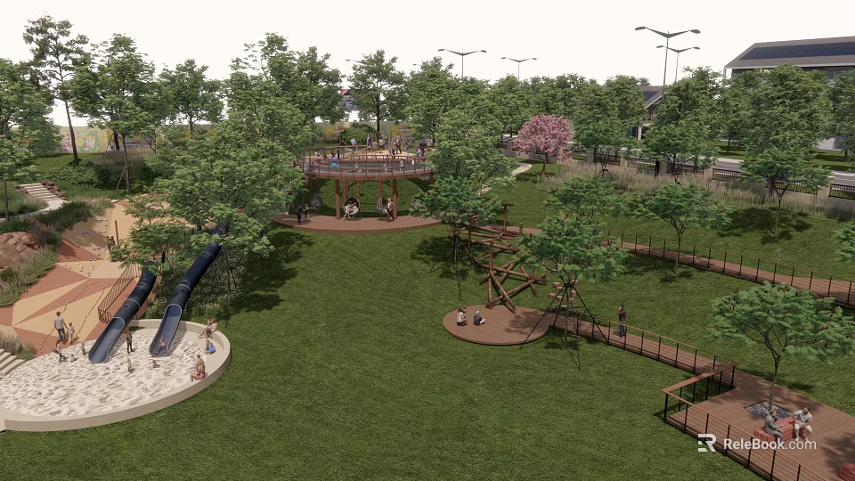 Park Landscape With Green Lawn Trees Children's Playground Slides Climbing Frames And Street Lamps 3d model 