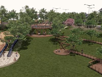 Park Landscape With Green Lawn Trees Children's Playground Slides Climbing Frames And Street Lamps 3d model