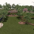 Park Landscape With Green Lawn Trees Children's Playground Slides Climbing Frames And Street Lamps