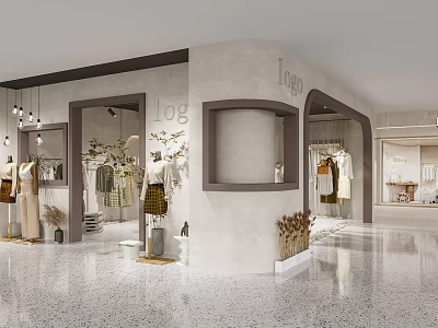 Modern Minimalist Clothing Store Interior With Mannequins Hanging Clothes Decorative Plants And Sleek Flooring 3d model