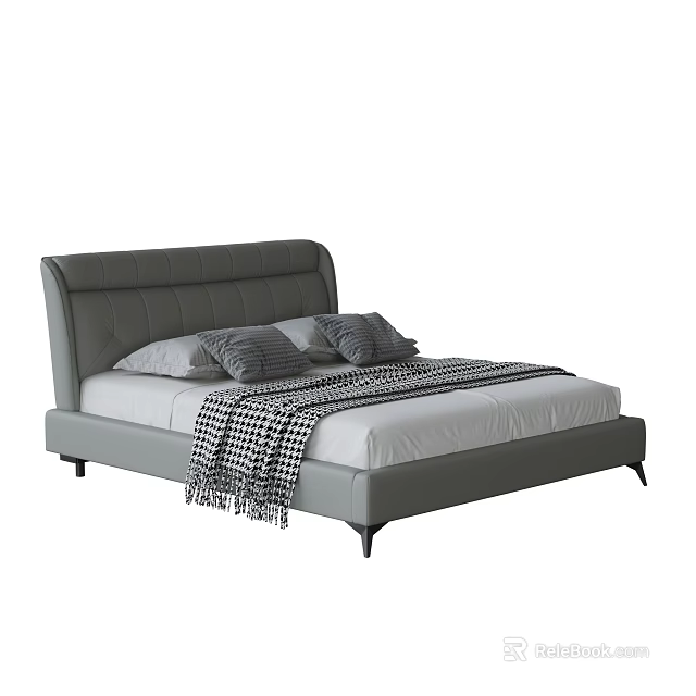 Grey Leather Double Bed With Stitched Headboard Pillows And Checkered Blanket 3d model