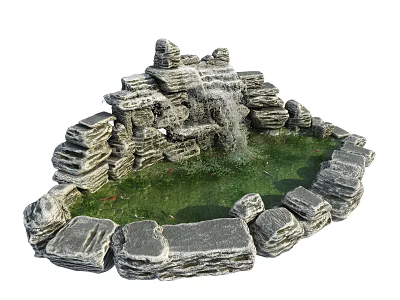 Small Garden Decorative Rockery Waterfall with Stacked Stones and Green Pond 3d model
