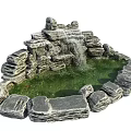 Small Garden Decorative Rockery Waterfall with Stacked Stones and Green Pond