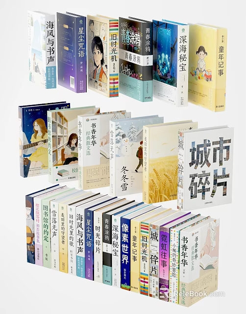 Various Books and Magazines with Colorful Covers Different Design Styles and Literary Themes Stacked 3d model 