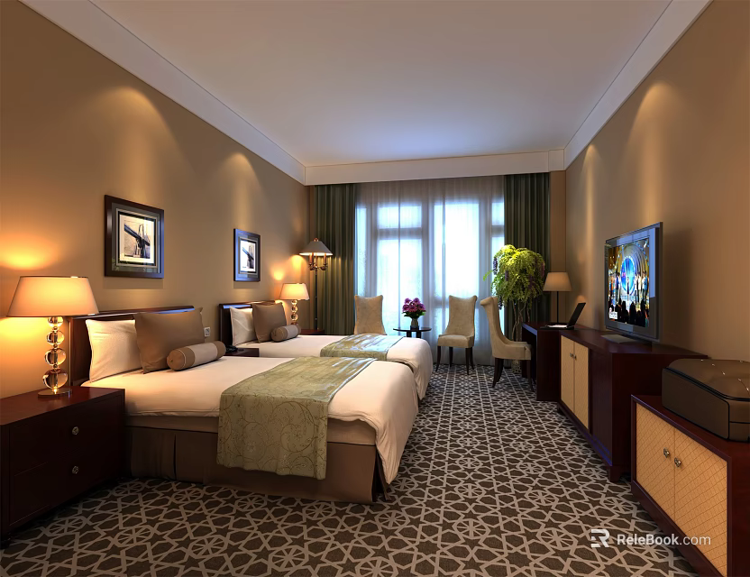 Hotel Guest Room With Double Bed Table Lamps Green Curtains TV And Geometric Carpet 3d model 