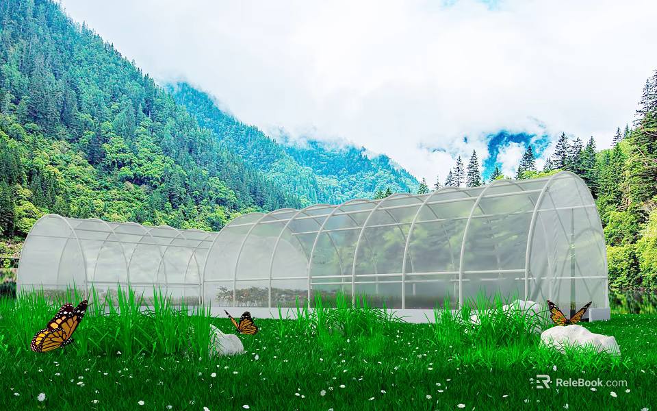 Transparent Arch Tent in Green Grassland with Butterflies Near Lush Mountains and Trees 3d model 