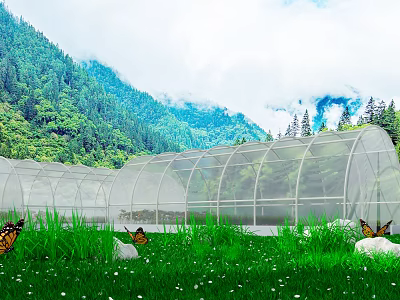 Transparent Arch Tent in Green Grassland with Butterflies Near Lush Mountains and Trees 3d model
