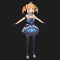 Woman In Blue Dress With Crown And Curly Hair Wearing Gloves And Stockings