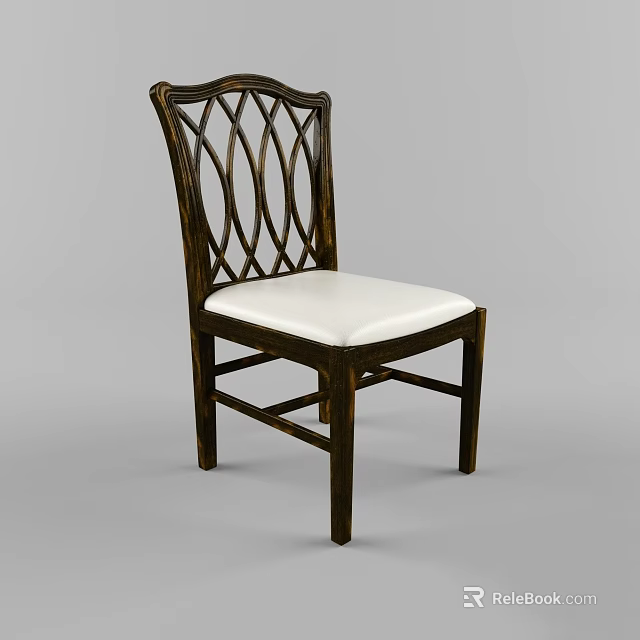 Elegant Wooden Leisure Chair With Intricate Lattice Back And White Cushioned Seat 3d model 