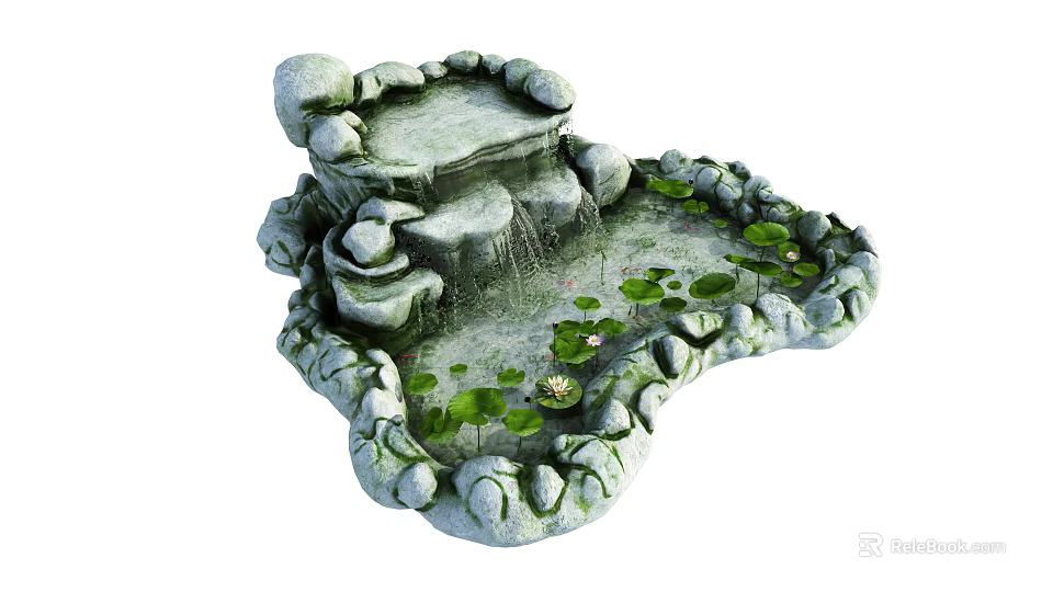 Stone Enclosed Garden Ornament With Rockery Waterfall Pond Lily Pads And Lotus 3d model 