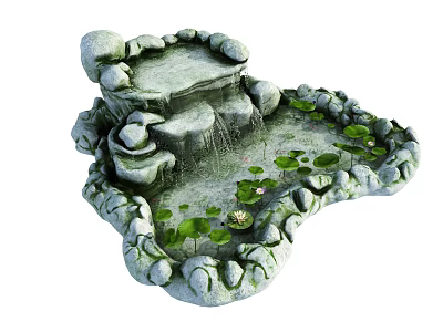 Stone Enclosed Garden Ornament With Rockery Waterfall Pond Lily Pads And Lotus 3d model