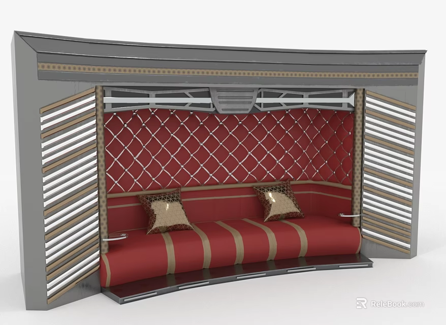 Curved Red Furniture With Golden Cushions Gray Frame White Gold Striped Red Diamond Patterned Background 3d model 