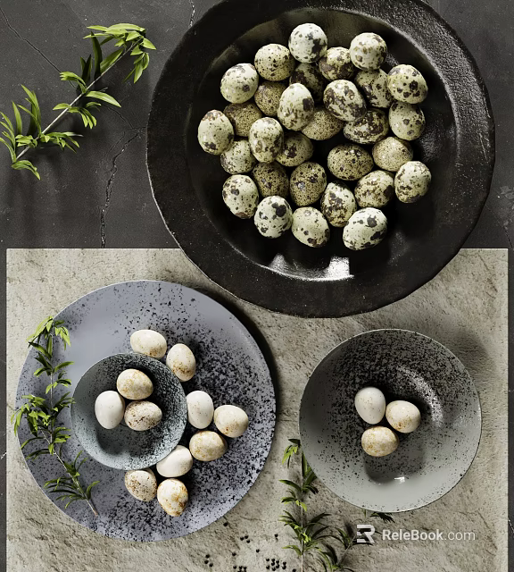 Elegant Dishware Set Featuring Black Gray Bowls Plates With Quail Eggs And Green Foliage 3d model 