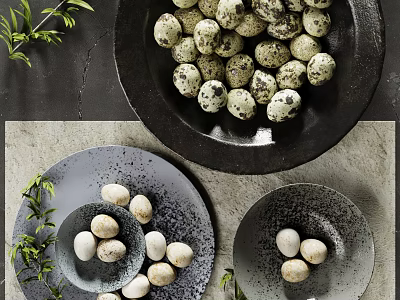 Elegant Dishware Set Featuring Black Gray Bowls Plates With Quail Eggs And Green Foliage 3d model