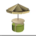 Yellow Sunshade with Round Wooden Table and Green Round Cushioned Stools