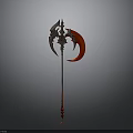 Ornate Gothic Weapon with Long Handle and Red Crescent Blade Metallic Structure and Decorative Details