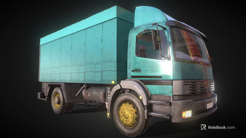 Green Box Truck With Yellow Wheels And Metal Body Exterior Design 3d model 