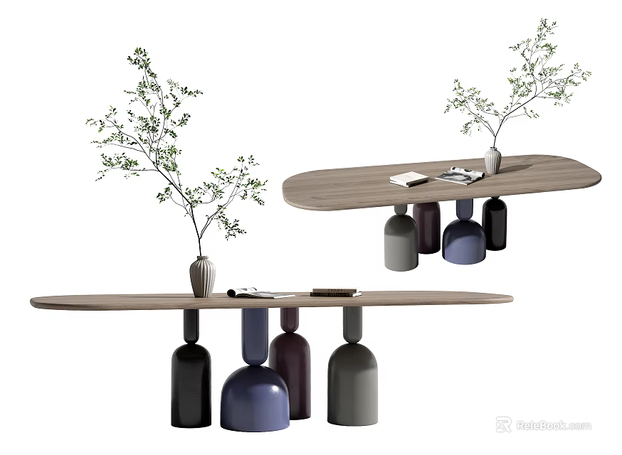 Modern Dining Table With Wooden Tabletop And Bottle Shaped Supports Featuring Green Plants And Decorative Items 3d model 