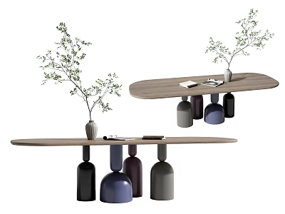 Modern Dining Table With Wooden Tabletop And Bottle Shaped Supports Featuring Green Plants And Decorative Items 3d model