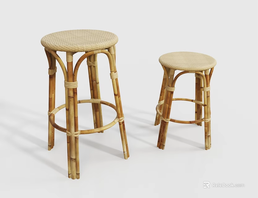 Two Piece Natural Bamboo Wicker Bar Stools With Round Seat Minimalist Design 3d model 