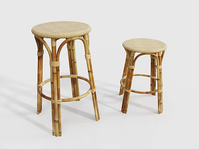 Two Piece Natural Bamboo Wicker Bar Stools With Round Seat Minimalist Design 3d model