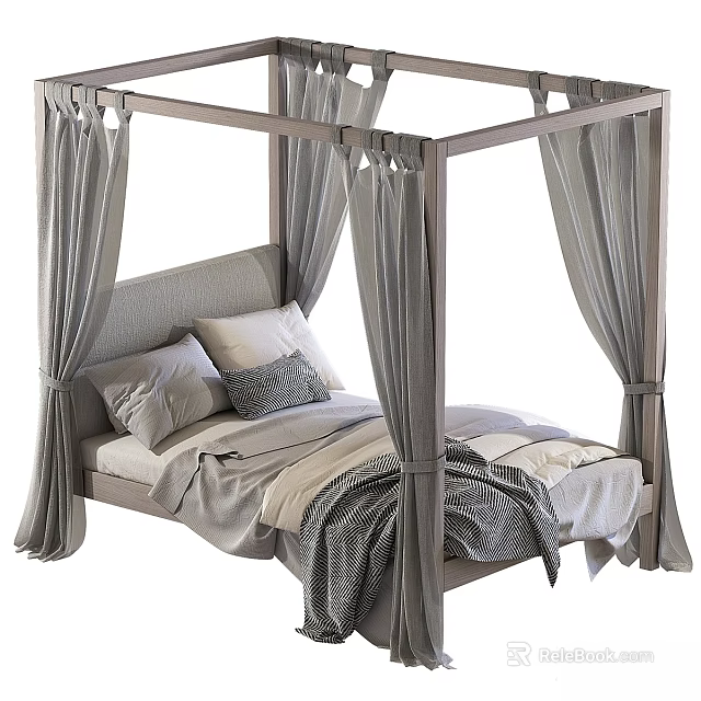 Modern Kids Four Poster Bed with Gray Drapes Upholstered Headboard and Soft Bedding 3d model 