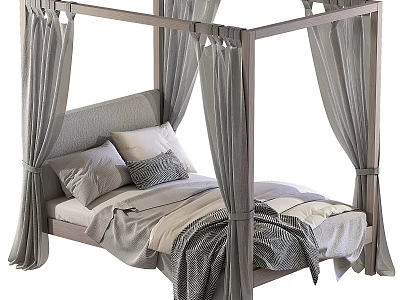 Modern Kids Four Poster Bed with Gray Drapes Upholstered Headboard and Soft Bedding 3d model