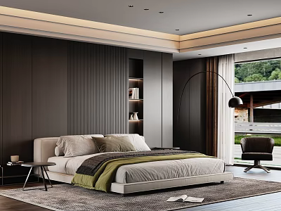 Elegant Dark Wall Bedroom With Striped Accent King Bed Floor Lamp And Window View 3d model