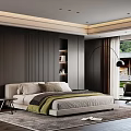 Elegant Dark Wall Bedroom With Striped Accent King Bed Floor Lamp And Window View