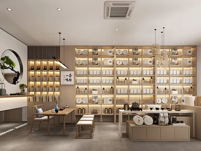 Chinese Style Specialty Store With Wooden Shelves Neatly Arranged Products And Seating Area 3d model