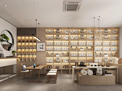 Chinese Style Specialty Store With Wooden Shelves Neatly Arranged Products And Seating Area 3d model