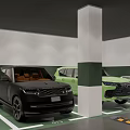 Modern Parking Garage With Three Cars Black Green White Convertible In Parking Spaces And Pillars