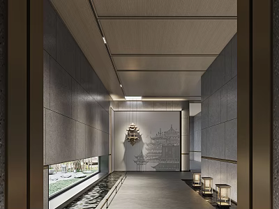 Elegant Hotel Corridor With Grey Walls Wooden Ceiling Water Feature And Wall Lights 3d model