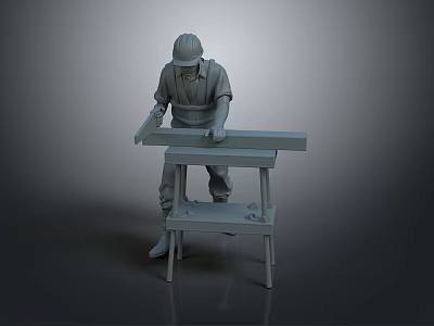 Worker in Safety Helmet Handling Long Wooden Plank at Workshop Workbench 3d model