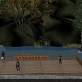 Wooden Bridge with Small Waterfall Among Green Grass Trees and Red Tents by River Rocks