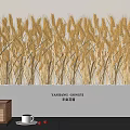 Golden Wheat Plants in White Rectangular Planter with Wicker Basket White Cup and Red Berries