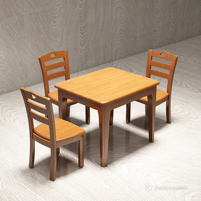 Wooden Square Dining Table Set With Three Backrest Chairs In Light Brown 3d model