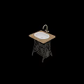 Vintage White Washbasin On Wooden Countertop With Iron Sewing Machine Base And Brass Faucet