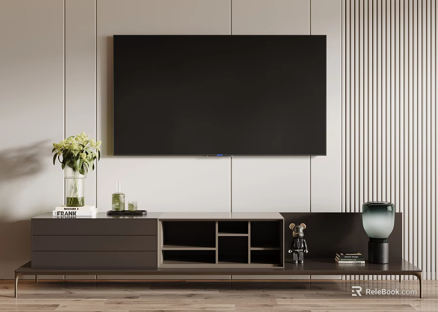Elegant Modern TV Stand with Mounted TV Decorative Vase Green Plants and Table Lamp 3d model 