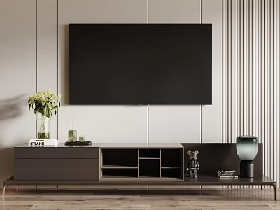 Elegant Modern TV Stand with Mounted TV Decorative Vase Green Plants and Table Lamp 3d model