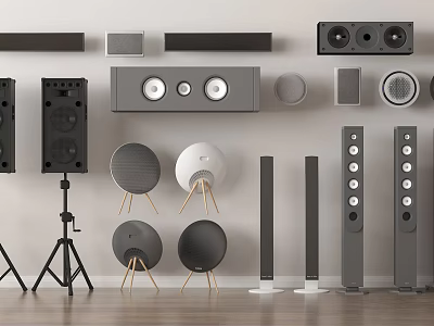 Various Types of Audio Speakers Including Soundbar Bookshelf Floorstanding and Round Models 3d model