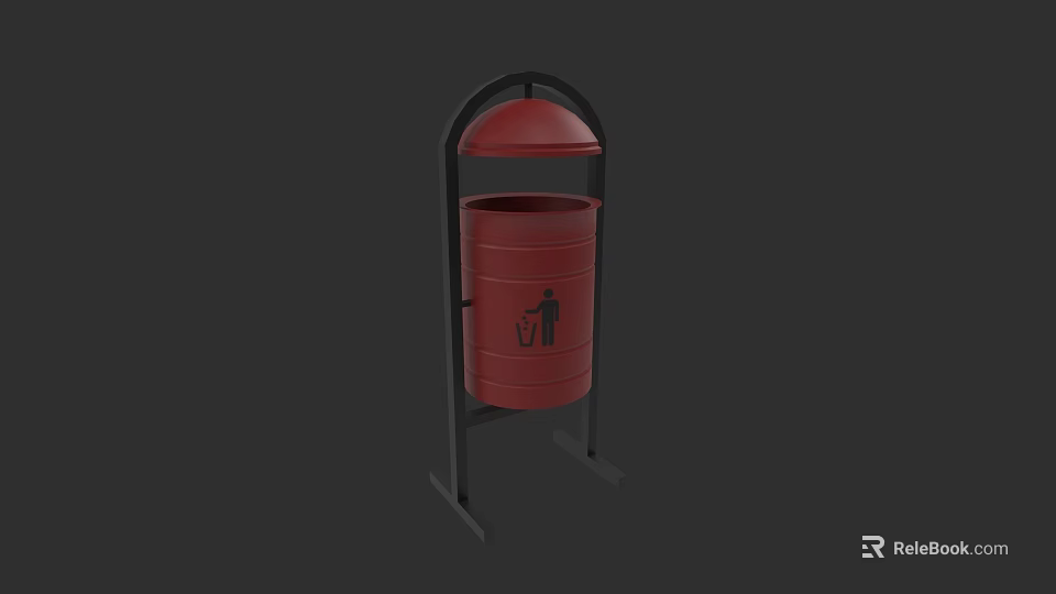 Red Trash Can With Black Stand Lid And Trash Disposal Icon 3d model 
