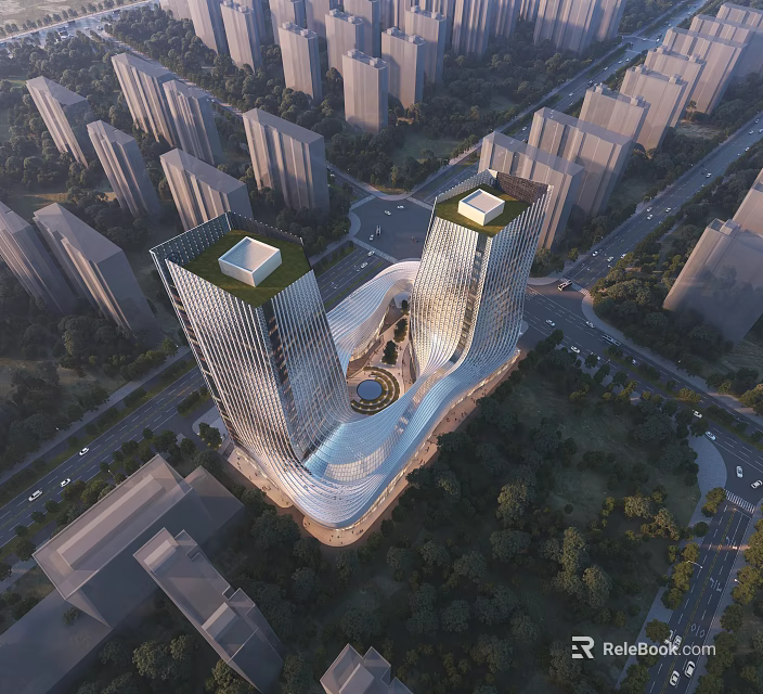 Birds Eye View Urban Planning With Twin High Rise Towers Green Rooftops And Central Plaza 3d model 