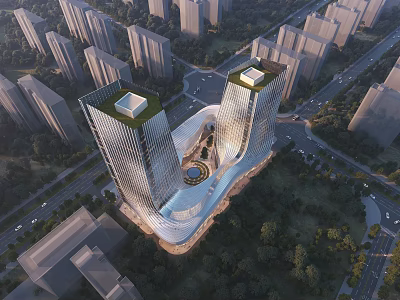 Birds Eye View Urban Planning With Twin High Rise Towers Green Rooftops And Central Plaza 3d model