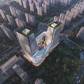 Birds Eye View Urban Planning With Twin High Rise Towers Green Rooftops And Central Plaza