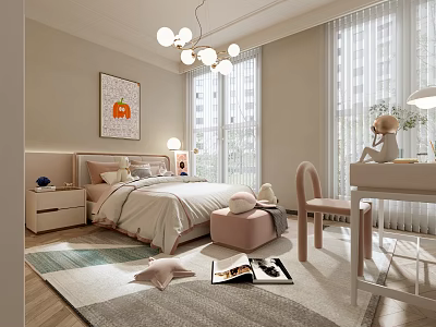 Kids Room Interior Design With Cozy Bed Chandelier Desk Chair Window And Area Rug 3d model