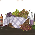 Fresh Grapes In Basket With Plaid Cloth Wine Bottles Glasses And Wooden Barrel
