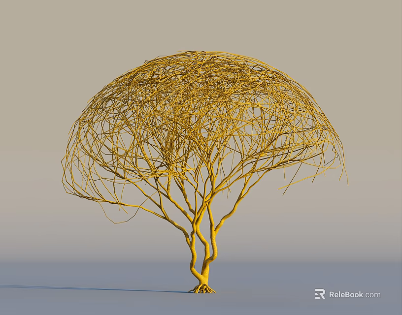 Yellow Tree with Twisted Branches and Umbrella Shaped Canopy against Gray and Blue Gradient Background 3d model 