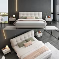 Modern Double Bed With Upholstered Headboard Dark Starry Wall Nightstands And Lake View